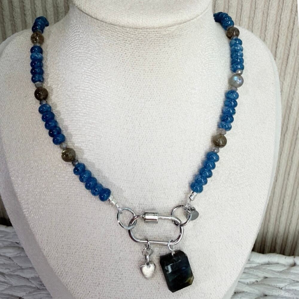 19" Beaded Gemstone Necklace, Golden Labradorite & Blue Jade, Lab Pendant